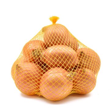 Onions,In,A,Net,Sack,,Isolated,On,White,Background